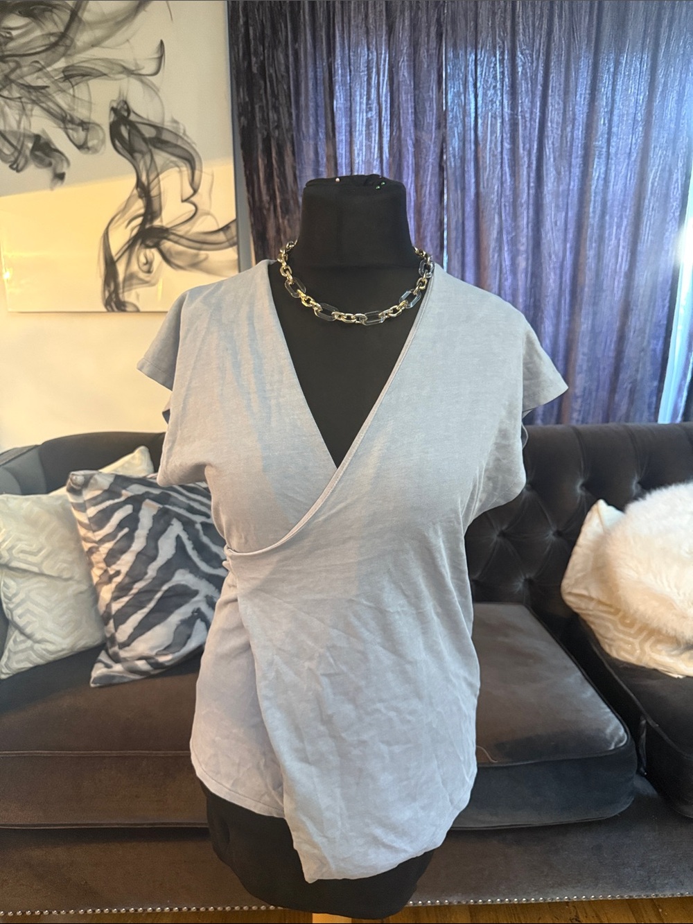Zara Light Gray Wrap V-Neck Short Sleeve Top